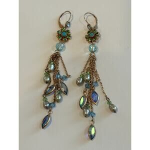 Vintage Gold Plated Long Earrings Blue Green